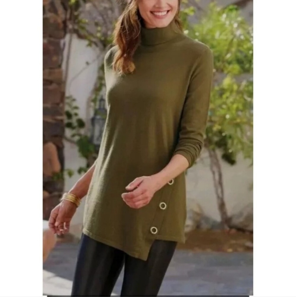 Soft‎ Surroundings Olive Green Tunic Turtleneck Grommet Sweater S